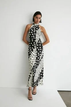 Spot Satin Halter Neck Backless Maxi Dress