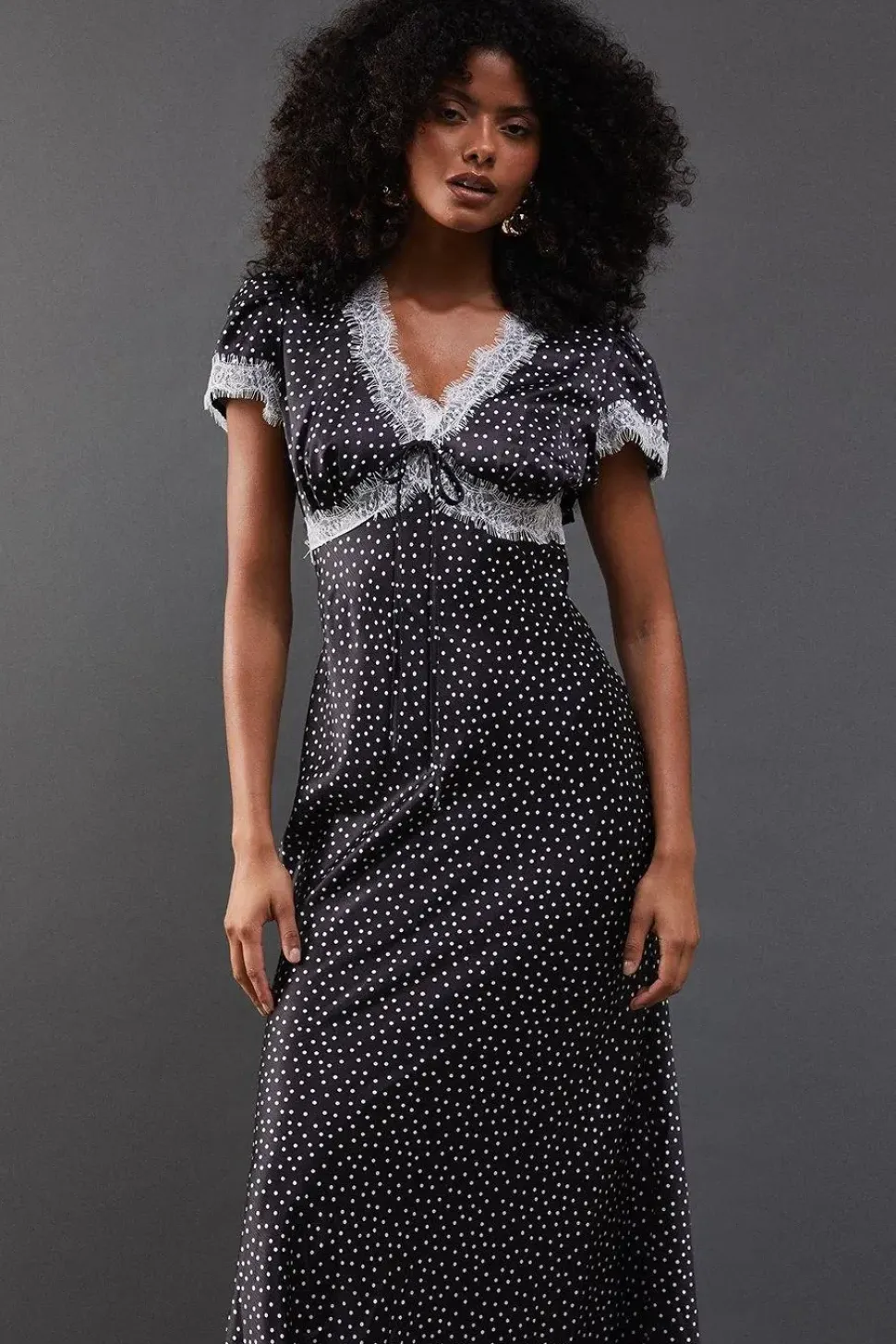 Spot Satin Lace Trim Midaxi Tea Dress