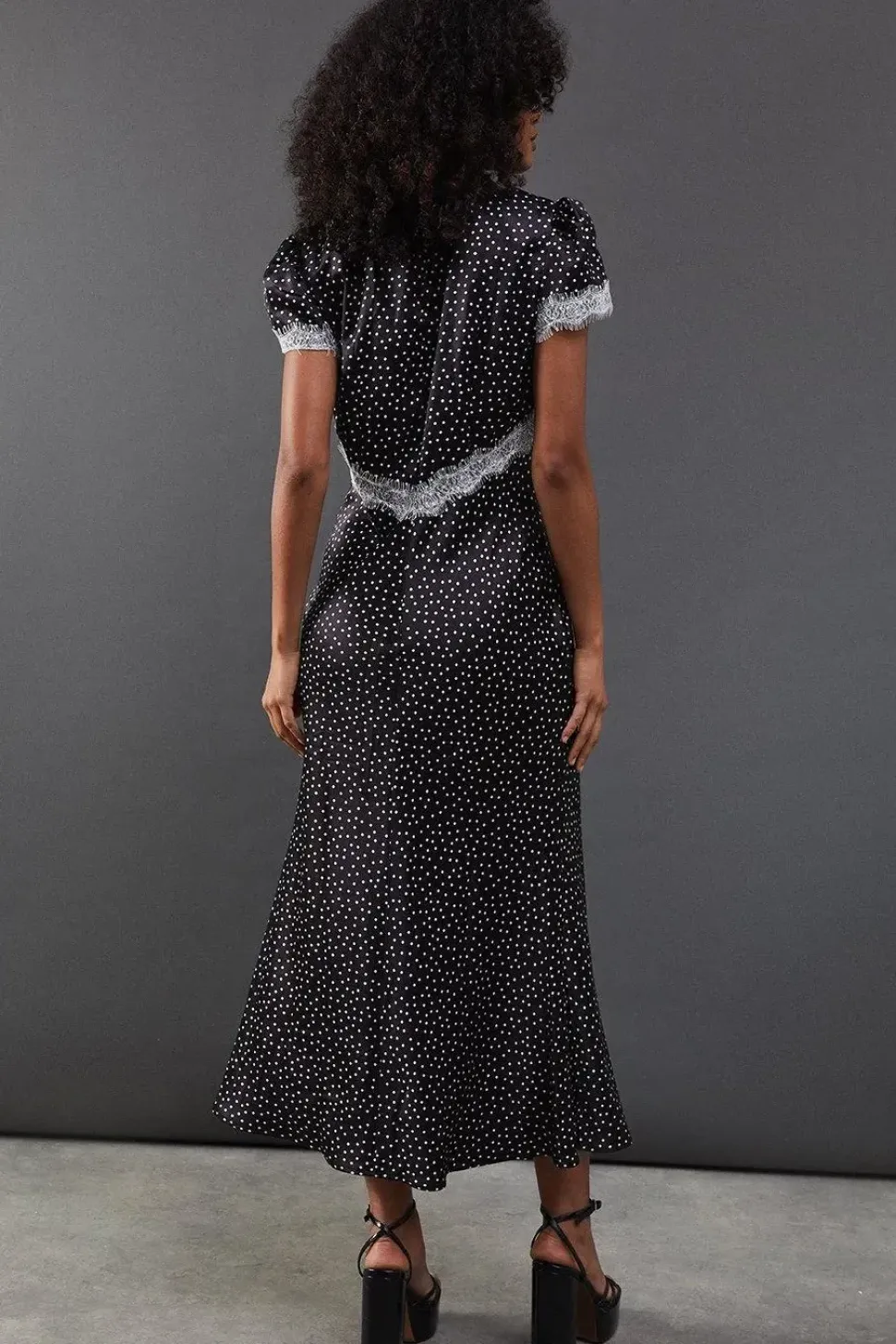 Spot Satin Lace Trim Midaxi Tea Dress