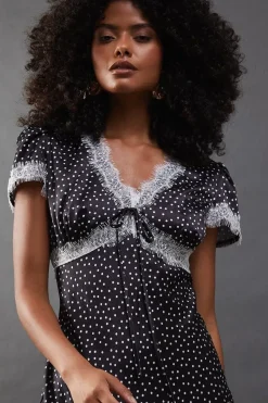 Spot Satin Lace Trim Midaxi Tea Dress