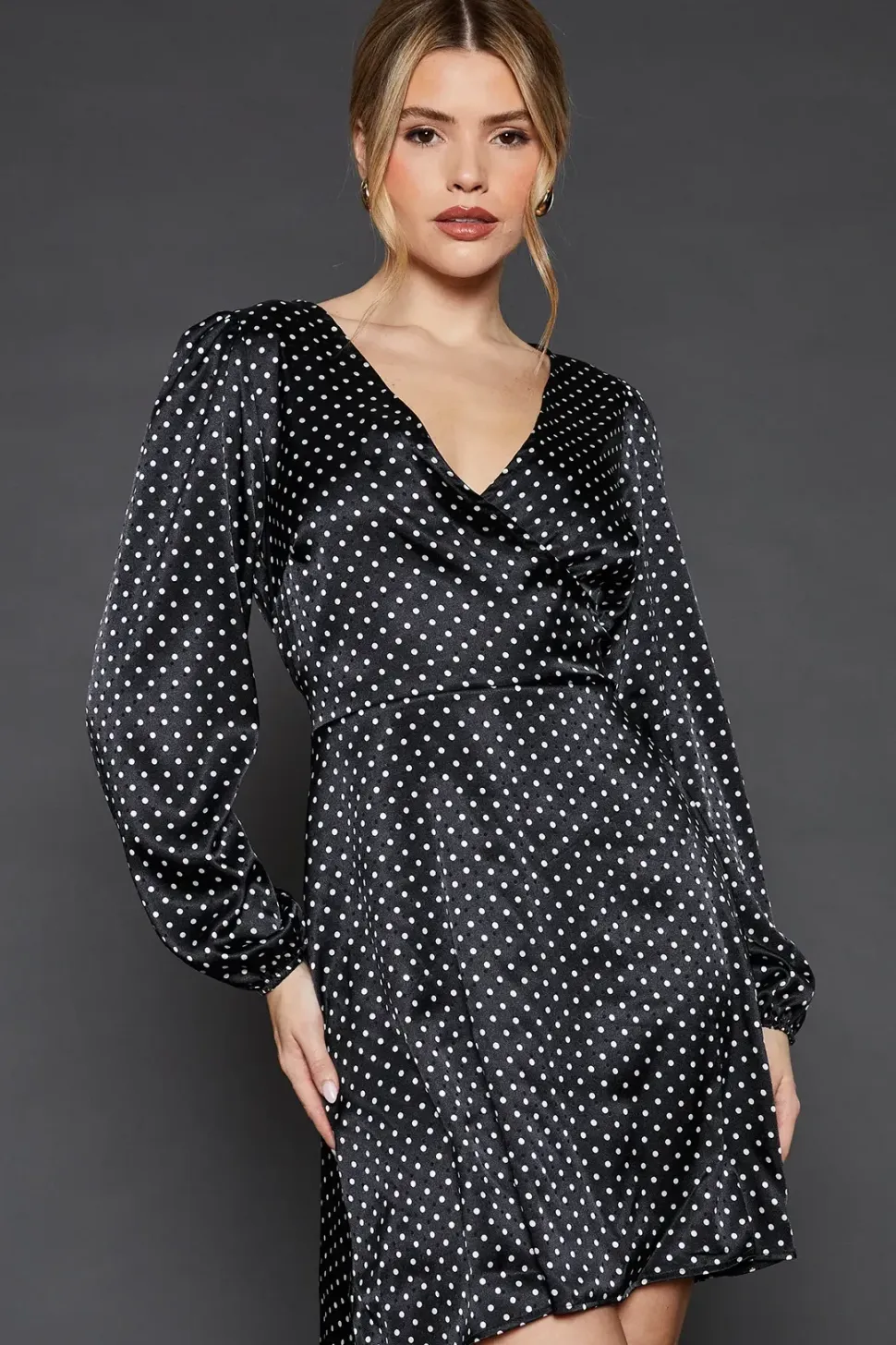 Spot Satin Wrap Mini Dress