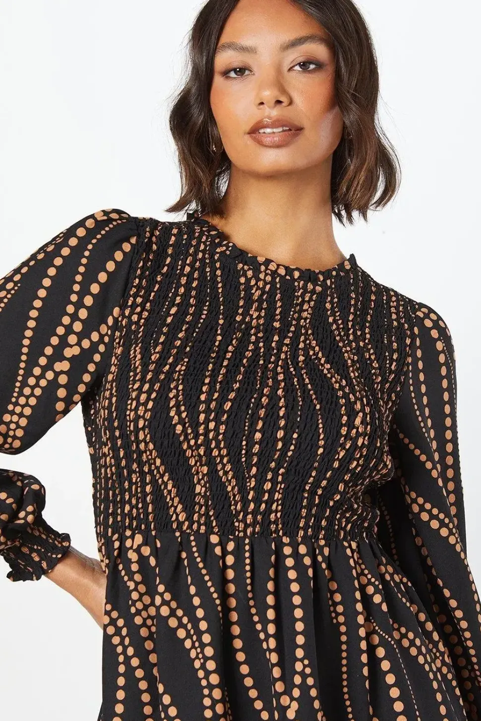 Spot Shirred Bodice Mini Dress