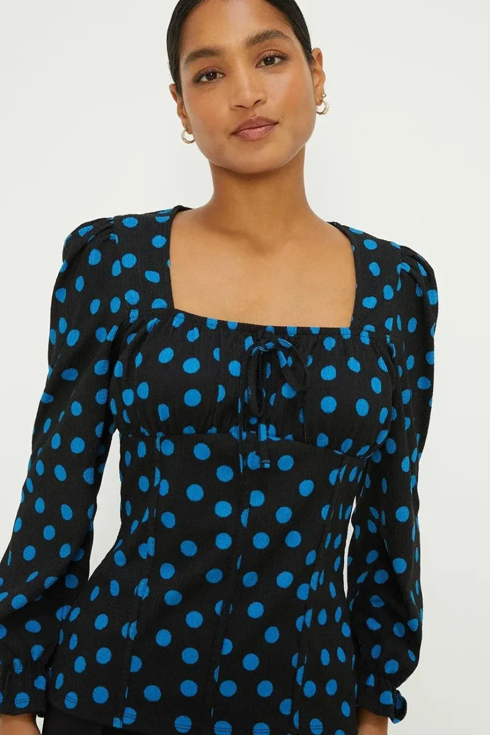 Spot Shirred Cuff Textured Long Sleeve Top
