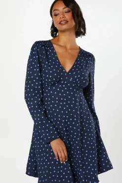 Spot Shirred Shoulder Empire Long Sleeve Mini Dress