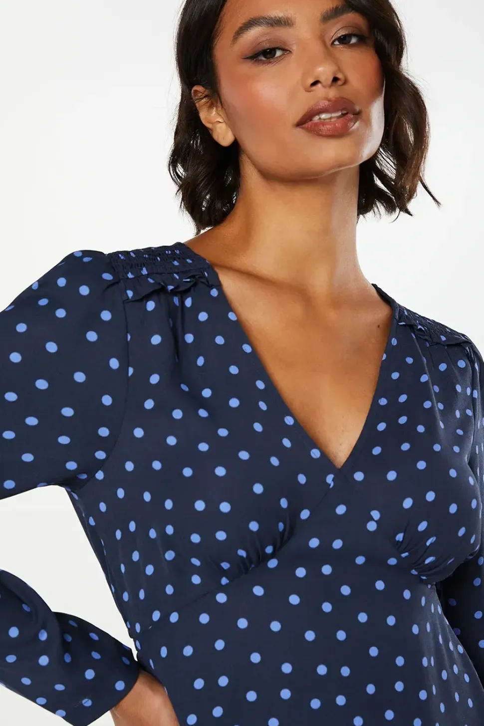 Spot Shirred Shoulder Empire Long Sleeve Mini Dress