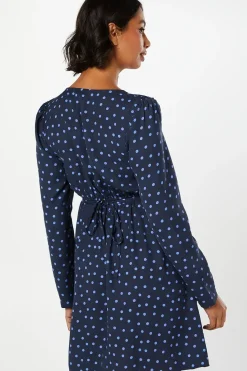 Spot Shirred Shoulder Empire Long Sleeve Mini Dress
