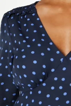 Spot Shirred Shoulder Empire Long Sleeve Mini Dress