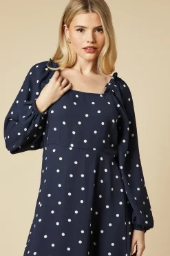 Spot Square Neck Ruffle Midi Dress