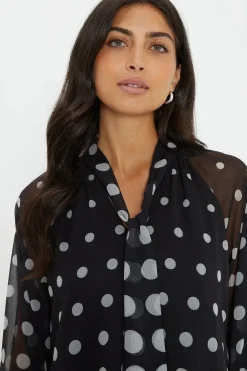 Spot Tie Neck Balloon Sleeve Shift Dress