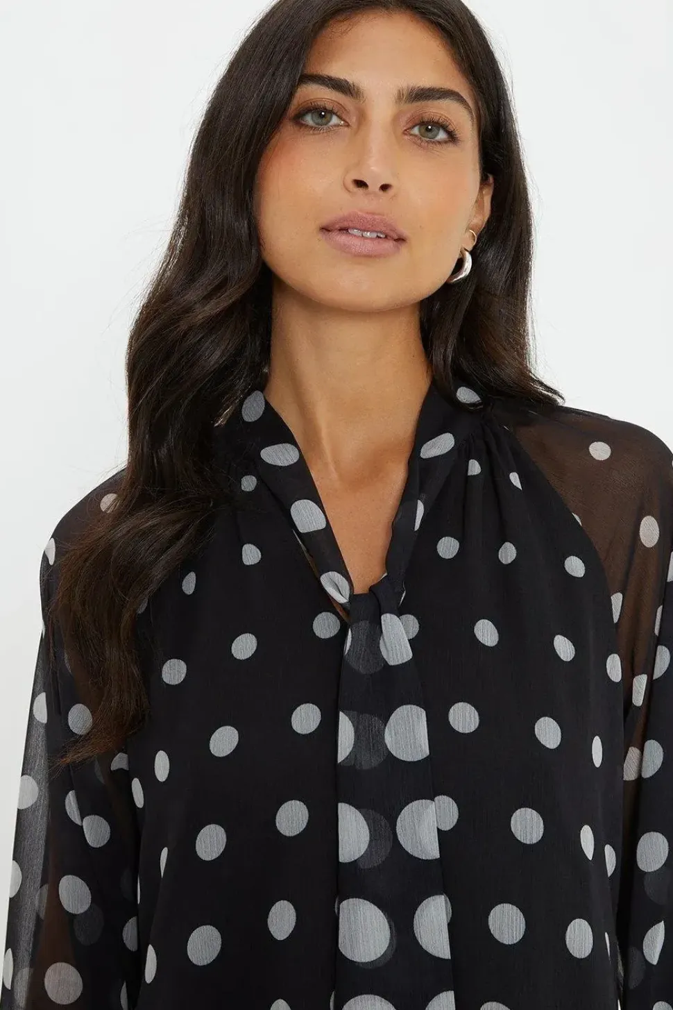 Spot Tie Neck Balloon Sleeve Shift Dress