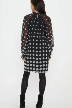 Spot Tie Neck Balloon Sleeve Shift Dress