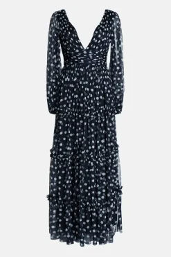 Spot Tulle Balloon Sleeve Tiered Maxi Dress