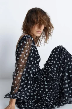 Spot Tulle Balloon Sleeve Tiered Maxi Dress