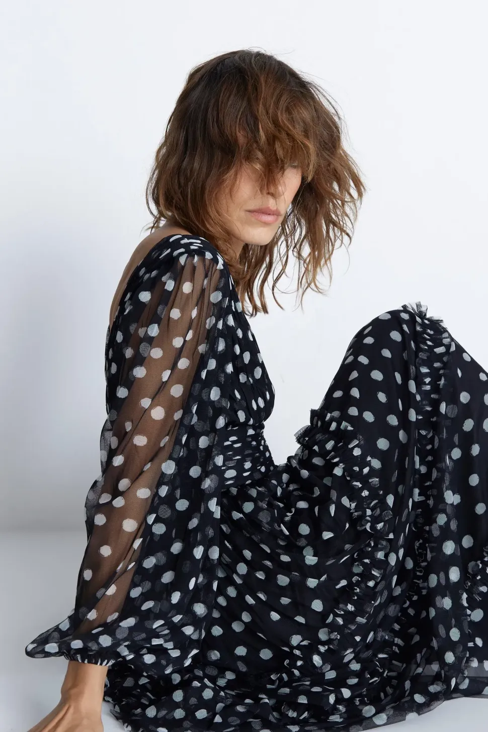 Spot Tulle Balloon Sleeve Tiered Maxi Dress