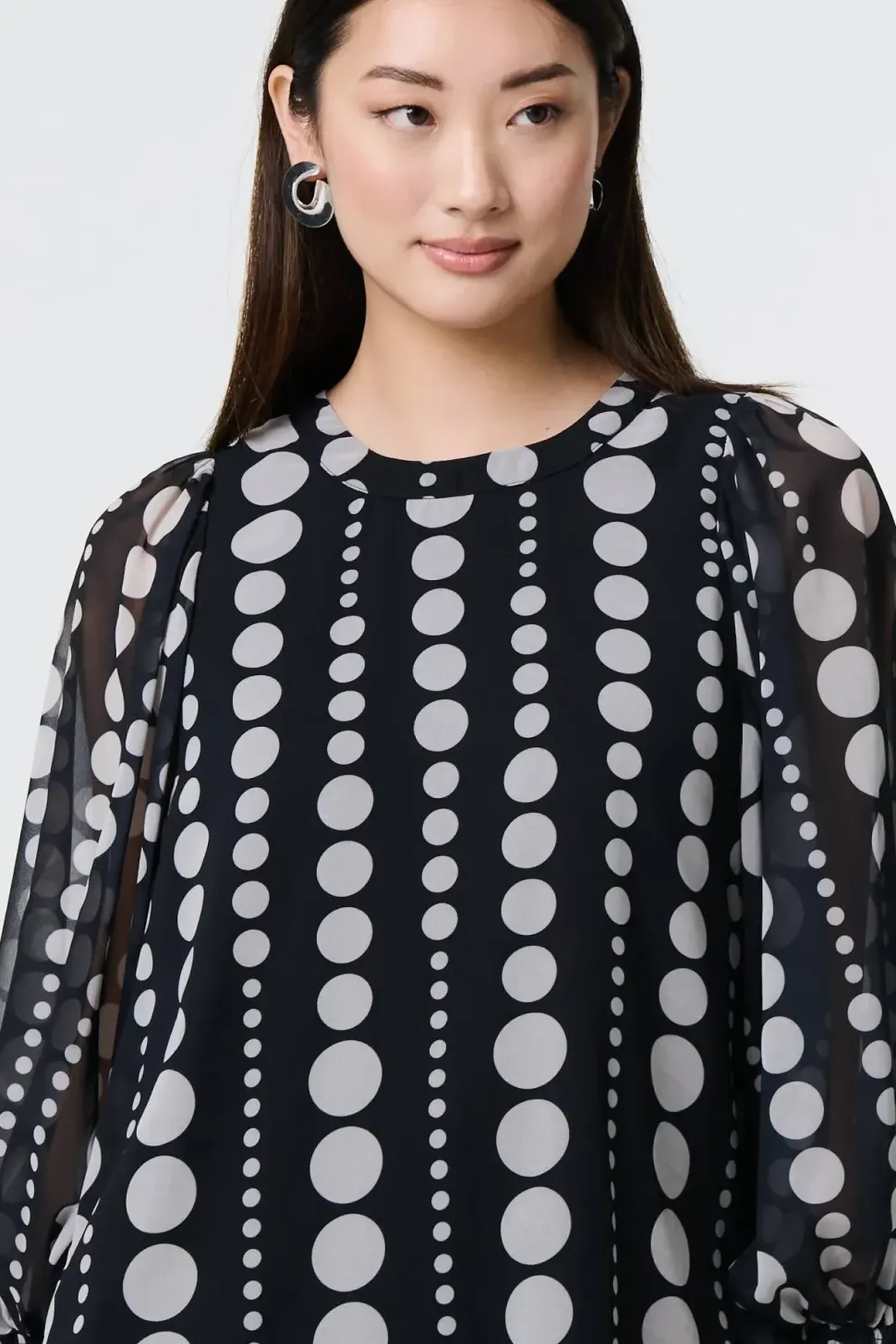 Spotty Print Semi Sheer Puff Sleeve Blouse