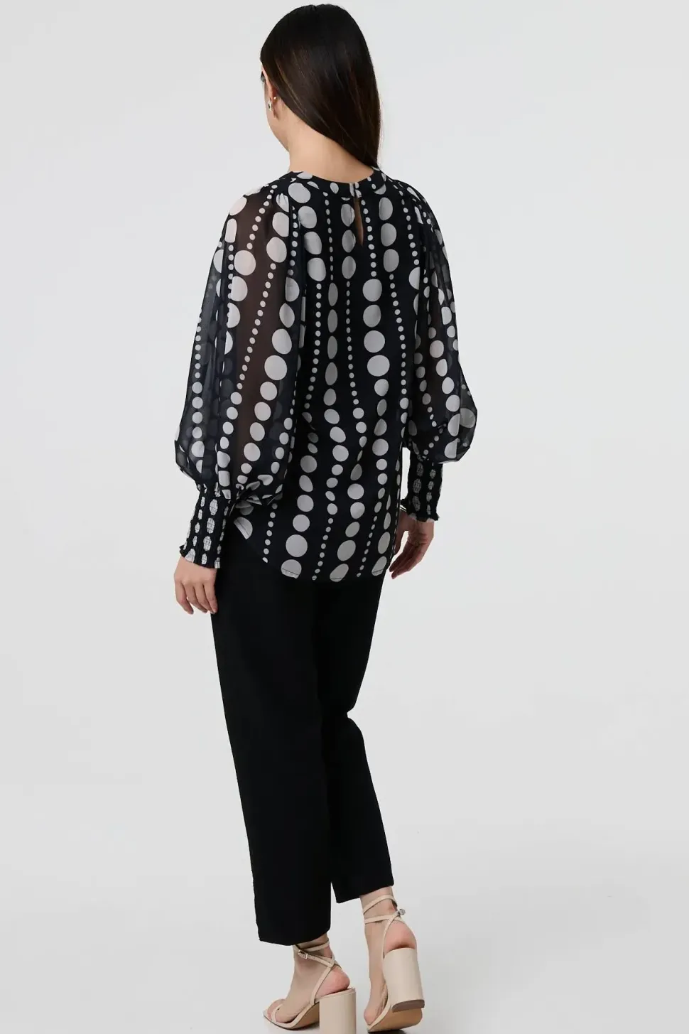 Spotty Print Semi Sheer Puff Sleeve Blouse