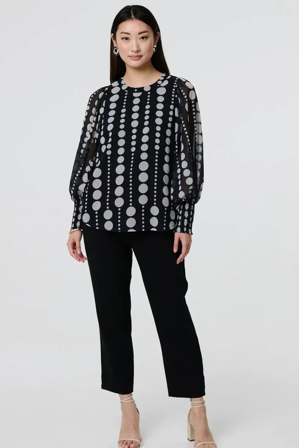 Spotty Print Semi Sheer Puff Sleeve Blouse