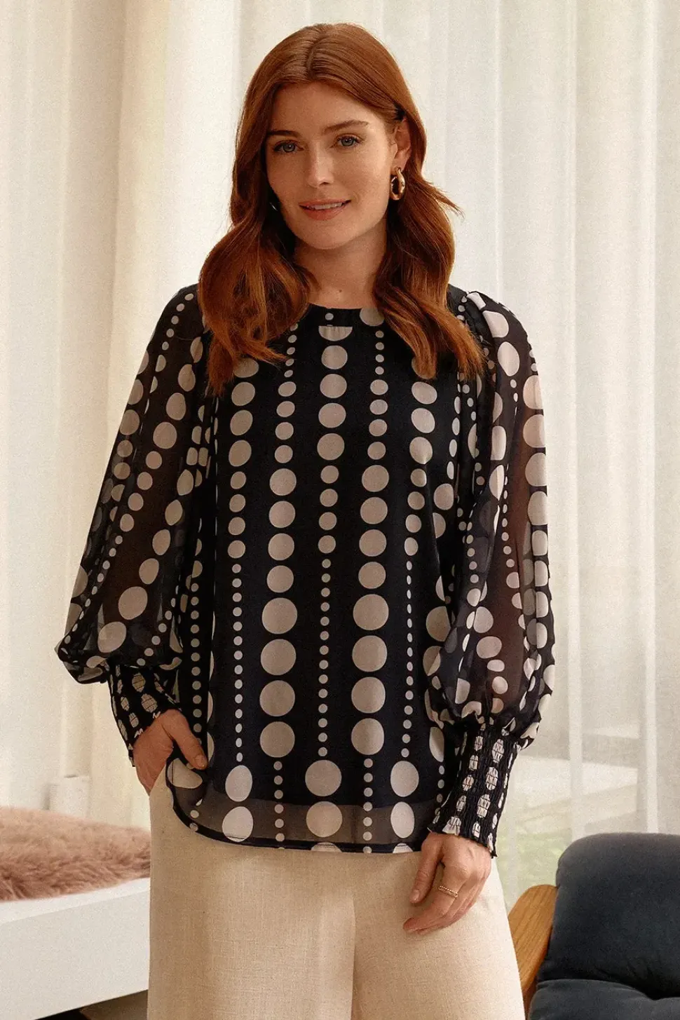 Spotty Print Semi Sheer Puff Sleeve Blouse