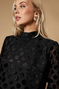 Spot Velvet High Neck Button Detail Blouse