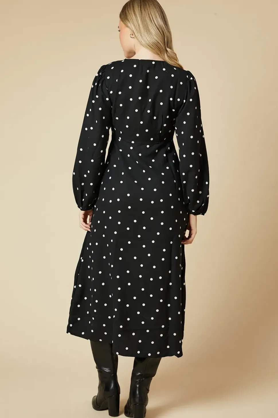 Spot V Neck Button Front Midi Dress