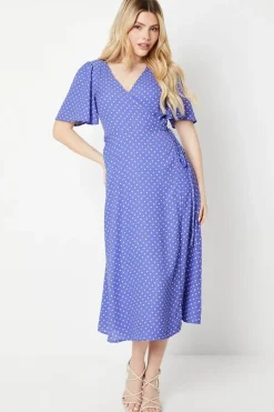 Spot Wrap Tie Side Angel Sleeve Midi Dress