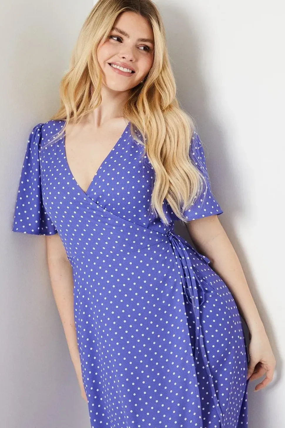Spot Wrap Tie Side Angel Sleeve Midi Dress