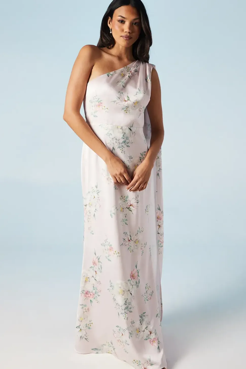 Spring Posy Printed Satin Drape Shoulder Bridesmaids Dress
