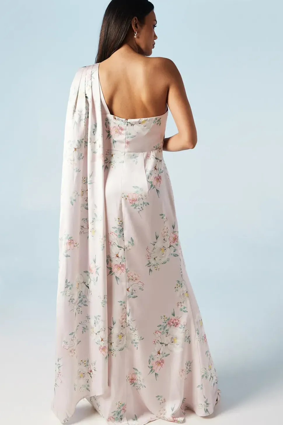 Spring Posy Printed Satin Drape Shoulder Bridesmaids Dress