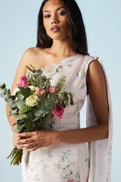 Spring Posy Printed Satin Drape Shoulder Bridesmaids Dress