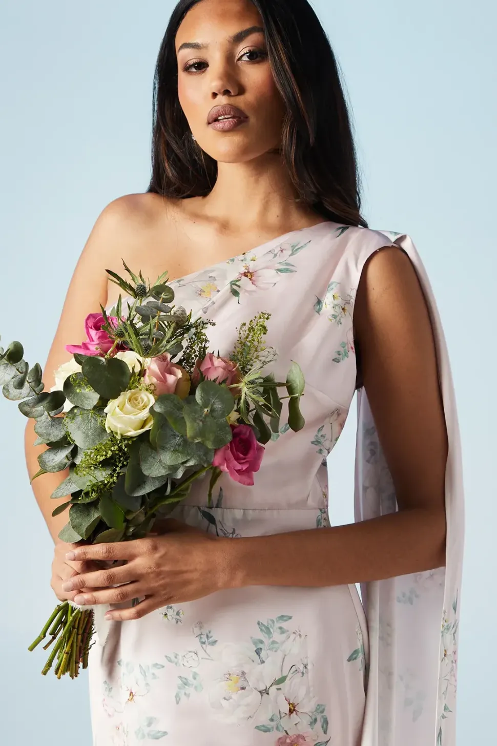 Spring Posy Printed Satin Drape Shoulder Bridesmaids Dress