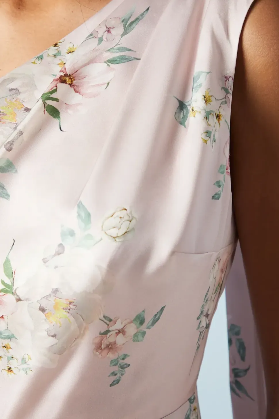 Spring Posy Printed Satin Drape Shoulder Bridesmaids Dress