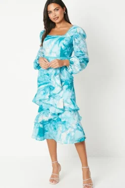 Square Neck Jacquard Ruffle Midi Dress