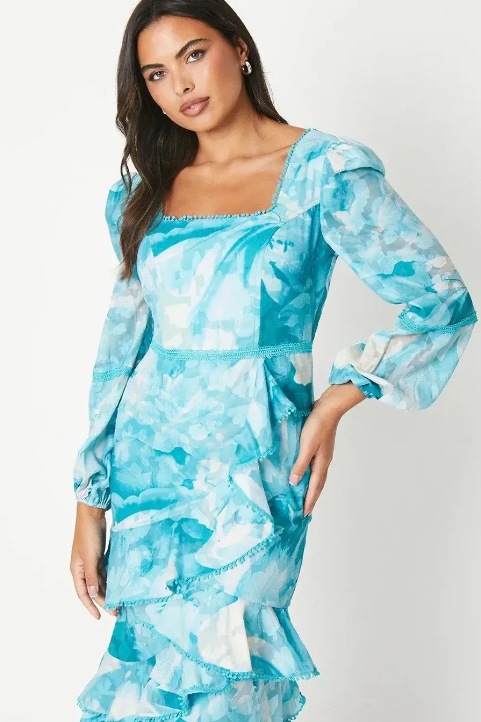 Square Neck Jacquard Ruffle Midi Dress