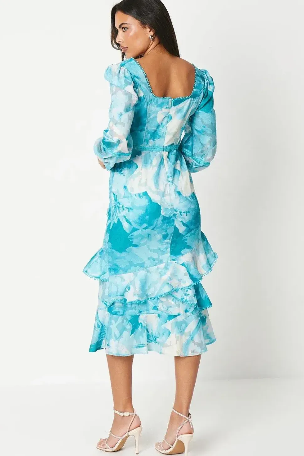 Square Neck Jacquard Ruffle Midi Dress