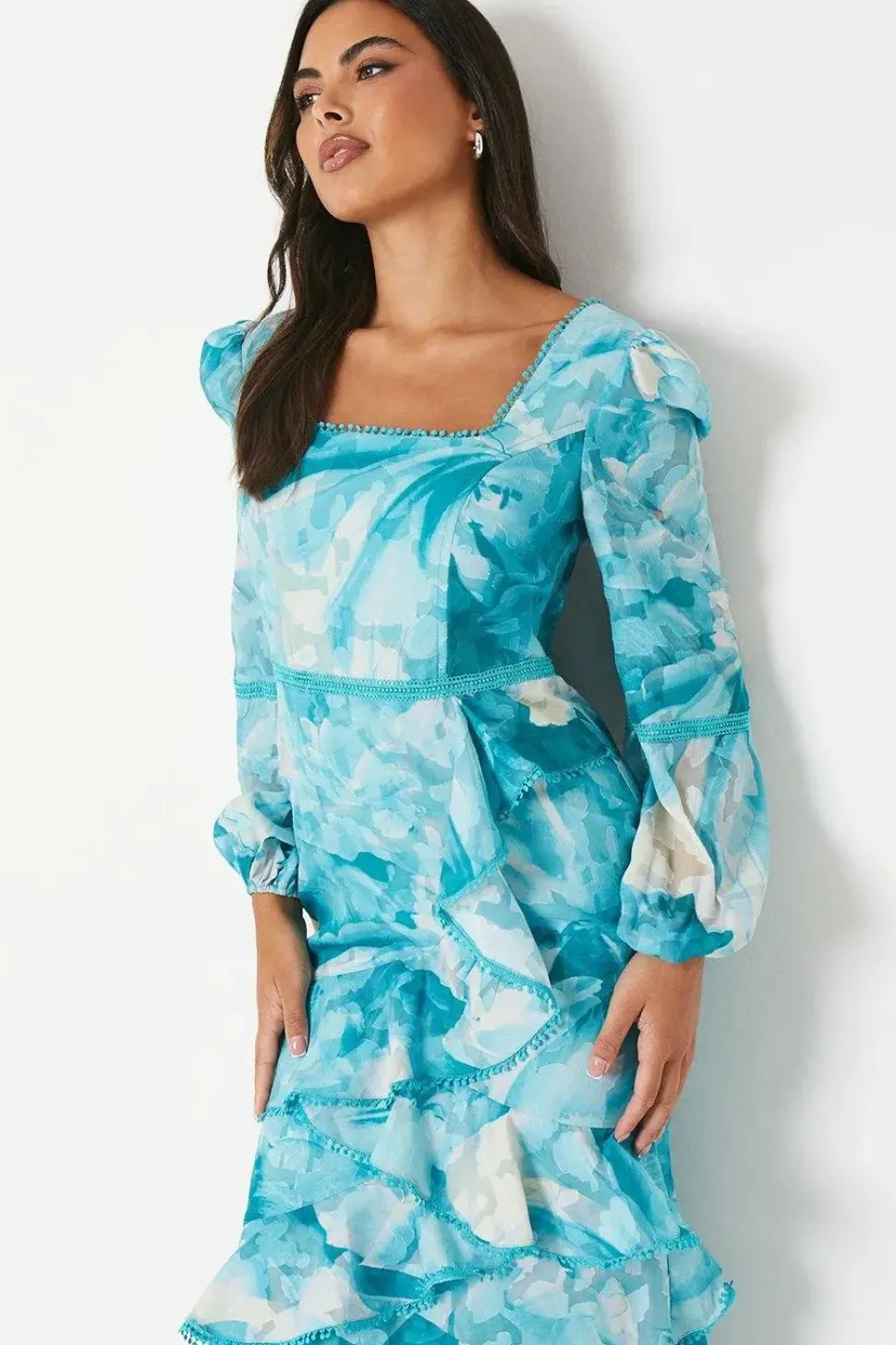 Square Neck Jacquard Ruffle Midi Dress