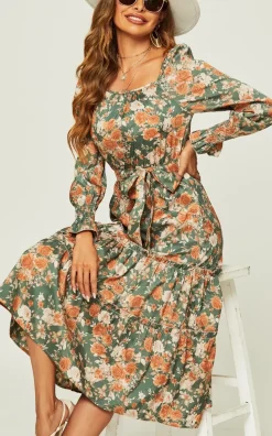 Square Neck Layered Ruffle Long Sleeves Midi Dress In Green Floral Print