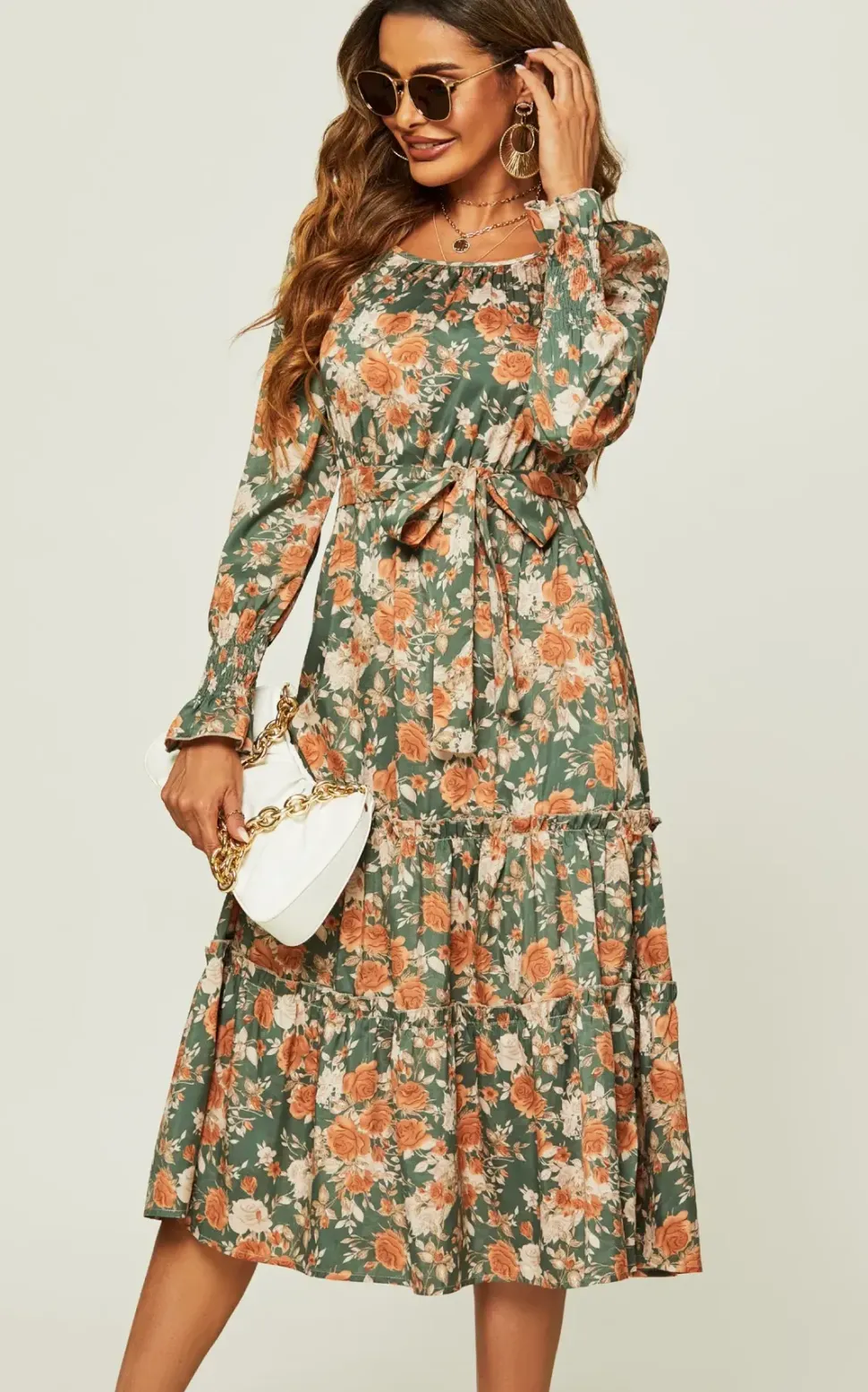 Square Neck Layered Ruffle Long Sleeves Midi Dress In Green Floral Print
