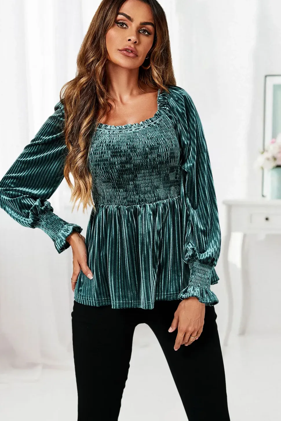 Square Neckline Long Sleeves Velvet Blouse Top In Grey Green