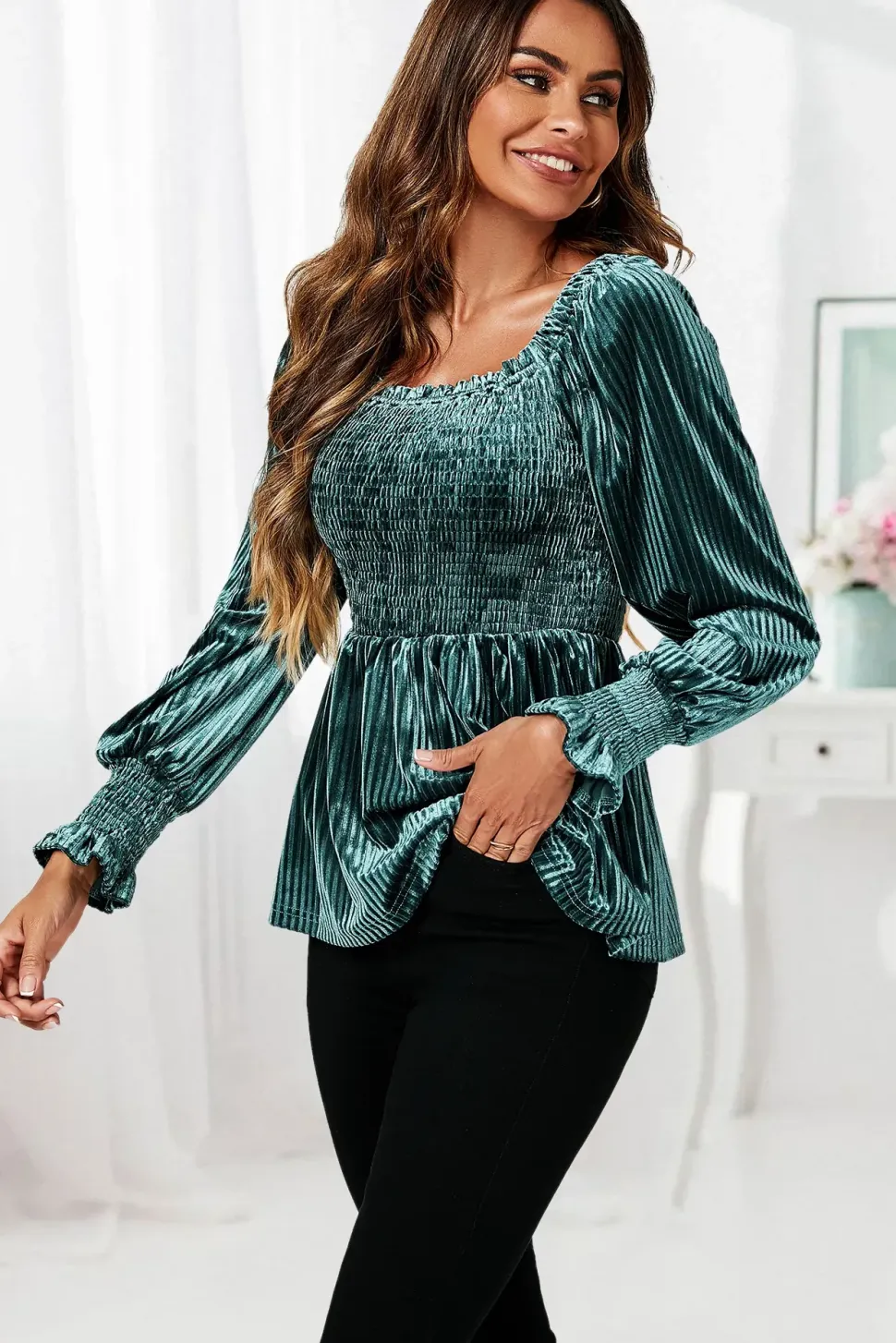 Square Neckline Long Sleeves Velvet Blouse Top In Grey Green