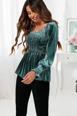 Square Neckline Long Sleeves Velvet Blouse Top In Grey Green