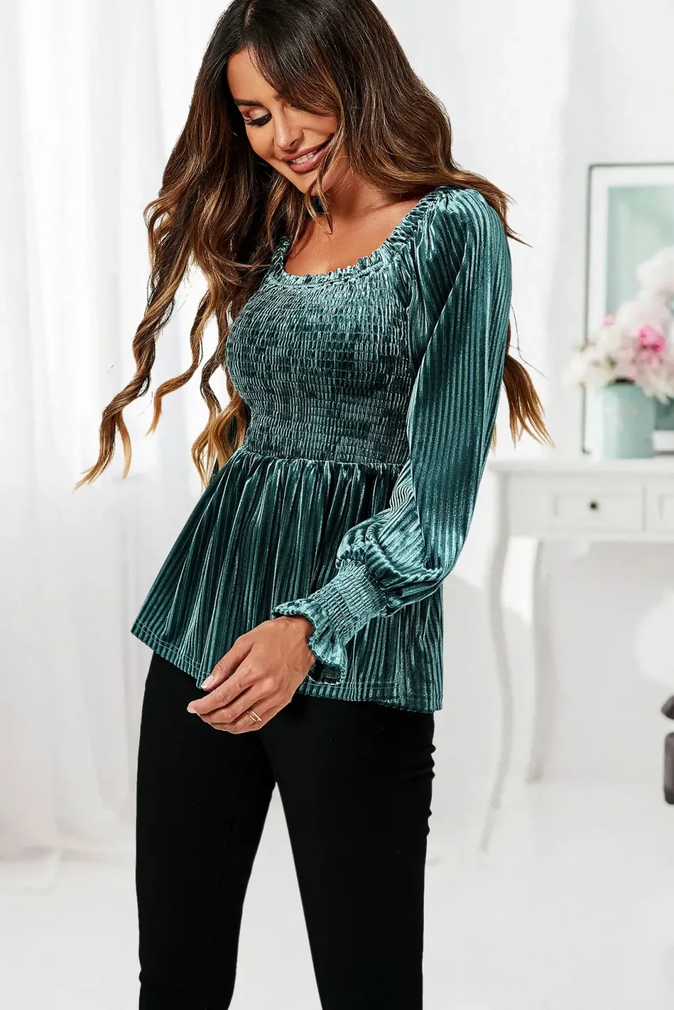 Square Neckline Long Sleeves Velvet Blouse Top In Grey Green
