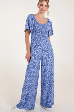 Square Neck Shirred Waist Angel Sleeve Wide Leg Jumpsuit