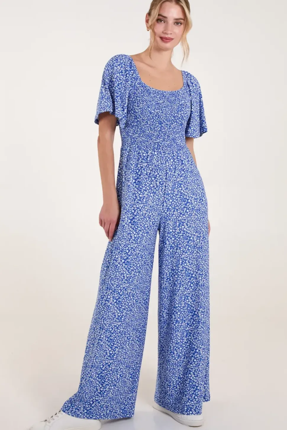 Square Neck Shirred Waist Angel Sleeve Wide Leg Jumpsuit