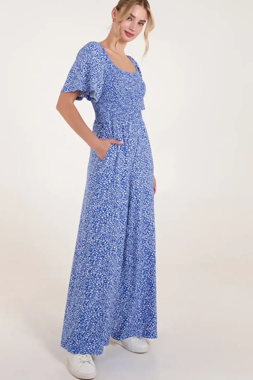Square Neck Shirred Waist Angel Sleeve Wide Leg Jumpsuit