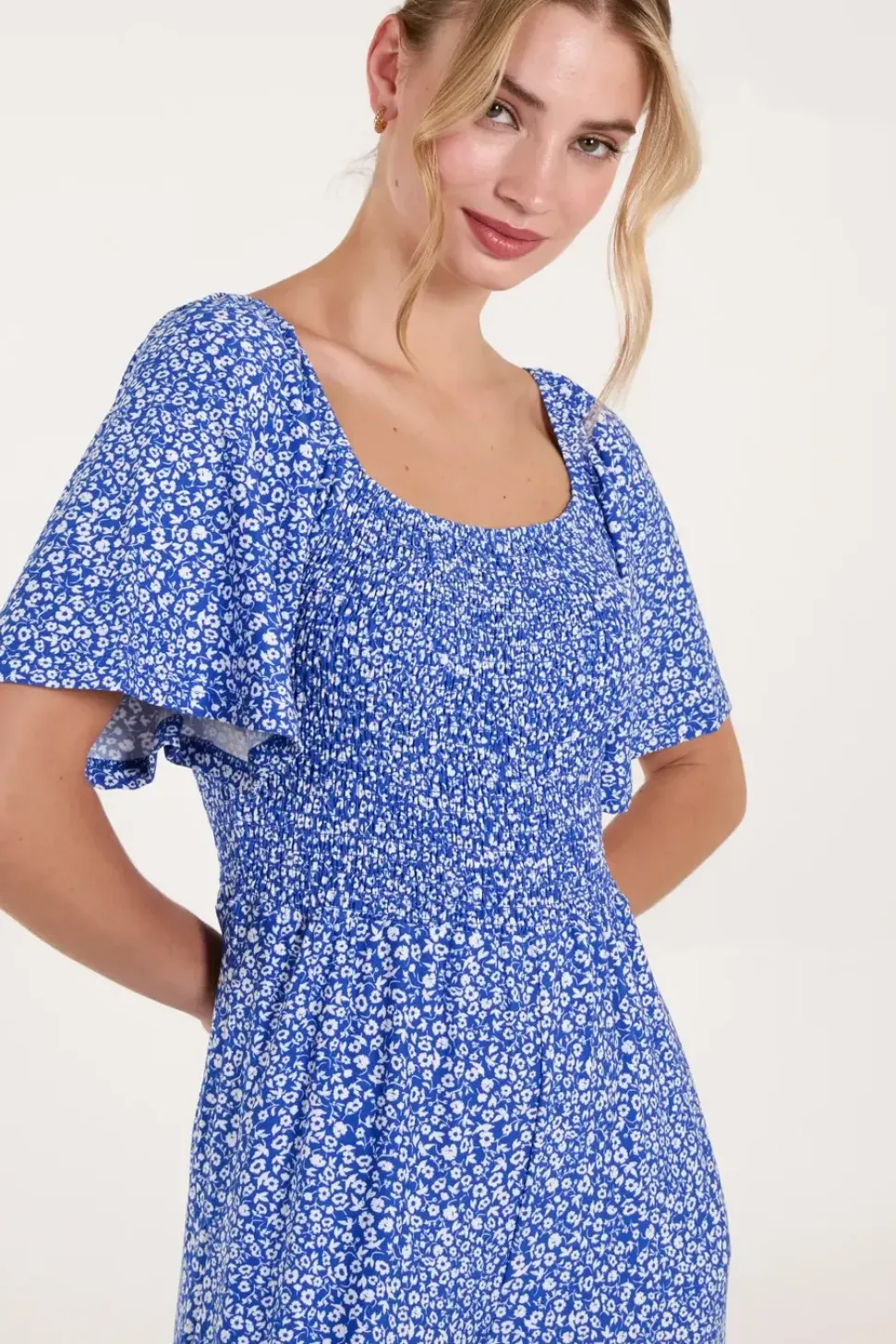 Square Neck Shirred Waist Angel Sleeve Wide Leg Jumpsuit
