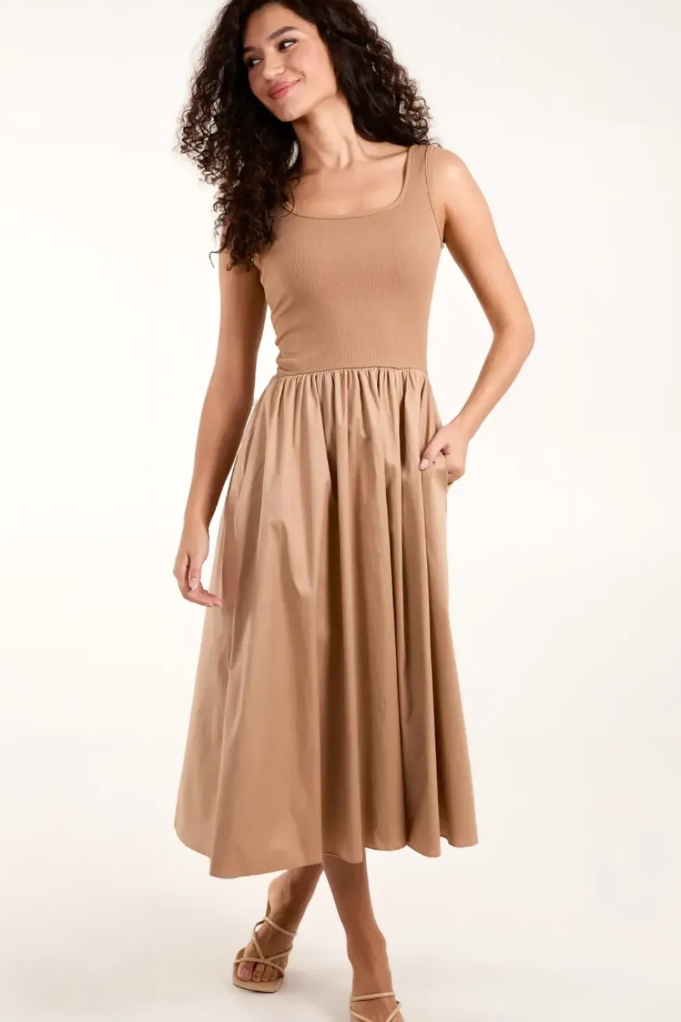 Square Neck Sleeveless Midi Pocket Dress