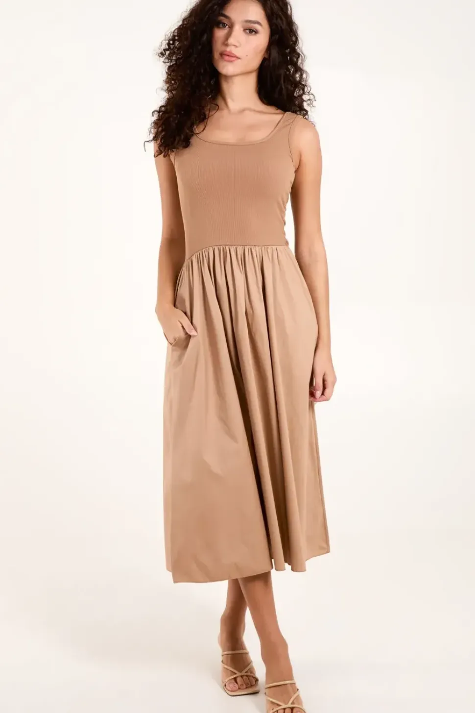 Square Neck Sleeveless Midi Pocket Dress