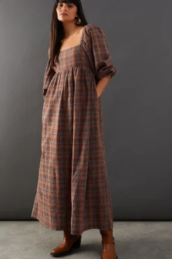 Square Neck Volume Sleeve Check Midi Dress