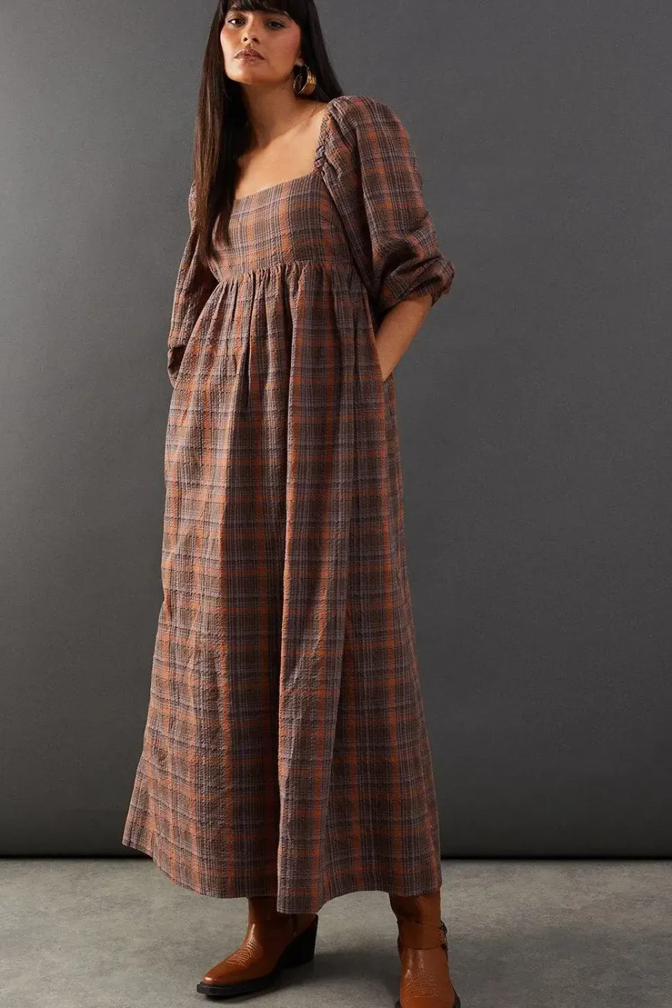 Square Neck Volume Sleeve Check Midi Dress