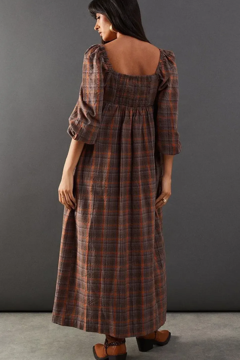 Square Neck Volume Sleeve Check Midi Dress